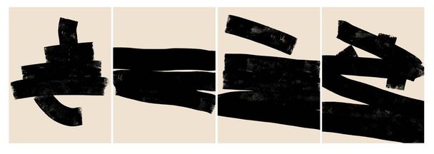 Négy absztrakt minimalista festmény.Fekete vízszintes vonalak húzott gondatlanul egy festék görgő és vastag fekete akril festék, műalkotás. - Vektor, kép