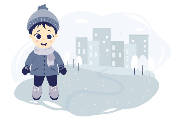 Çocuklar kışı. Şehirde kış yürüyüşüne çıkan sevimli bir çocuk mavi arka planda duruyor evleri, ağaçları ve kar taneleri var. Vektör çizimi. Tasarım, kartpostallar ve posterler için koleksiyon - Vektör, Görsel
