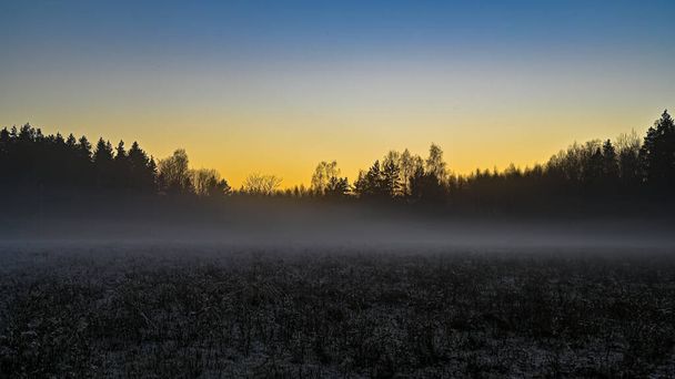 puesta de sol sobre un campo brumoso en Suecia - Foto, imagen