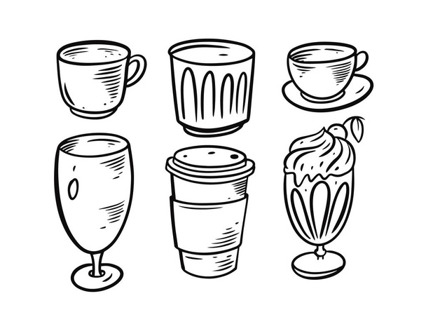 Doodle cups and mugs set. Black and white vector illustration. - Vector, Image