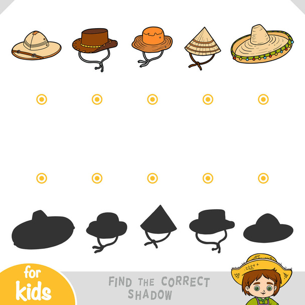 Знайдіть правильну тінь, навчальну гру для дітей. Набір чоловічих капелюхів
 - Вектор, зображення