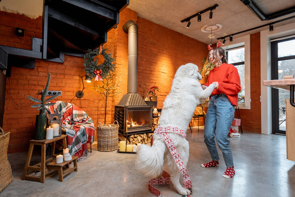 Nő kutya alatt újévi ünnepek otthon - Fotó, kép