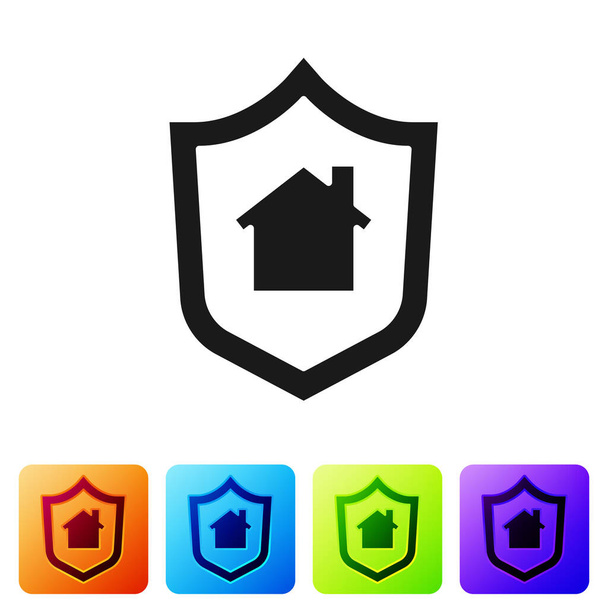 Black House with shield icon isolated on white background. Insurance concept. Security, safety, protection, protect concept. Set icons in color square buttons. Vector.. - Vector, Image
