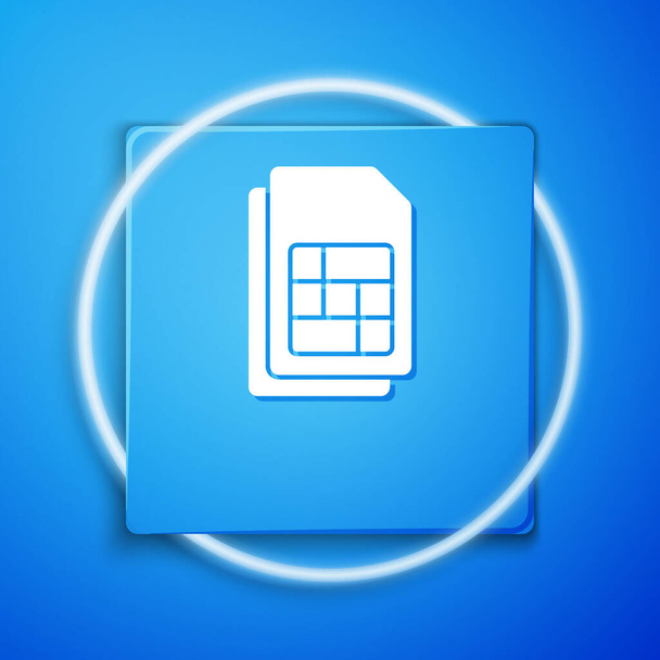 Icona della scheda SIM bianca isolata su sfondo blu. Chip della scheda SIM del telefono cellulare. Simbolo della tecnologia delle telecomunicazioni mobili. Pulsante quadrato blu. Vettore. - Vettoriali, immagini