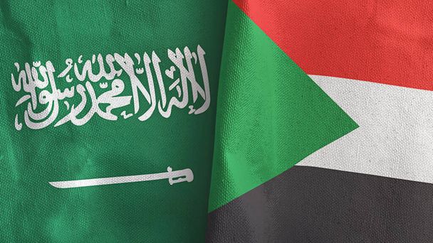 Sudan und Saudi Arabien zwei Flaggen Textiltuch 3D-Rendering - Foto, Bild