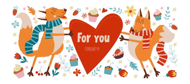 Alles Gute zum Valentinstag. Vektorsüße Grußkarte mit verliebten Füchsen. Füchse haben ein großes rotes Herz. - Vektor, Bild