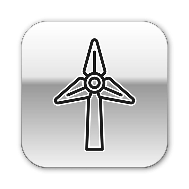 Černá čára Ikona větrné turbíny izolovaná na bílém pozadí. Značka generátoru větru. Větrný mlýn na výrobu elektrické energie. Stříbrný knoflík. Vektor. - Vektor, obrázek