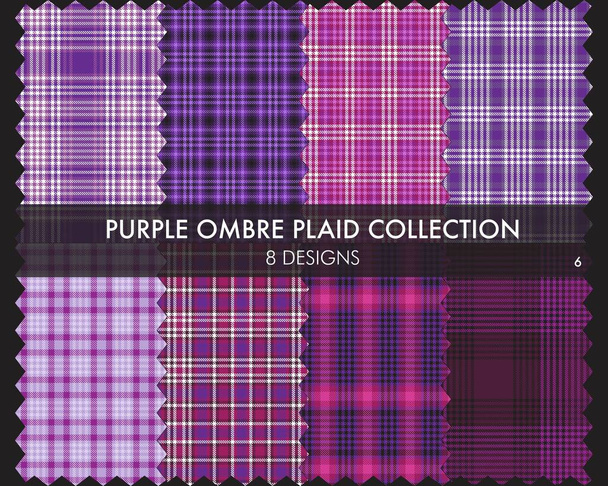 Purple Ombre Plaid texturizado coleção de padrões sem costura inclui 8 amostras de design adequado para têxteis e gráficos de moda - Vetor, Imagem