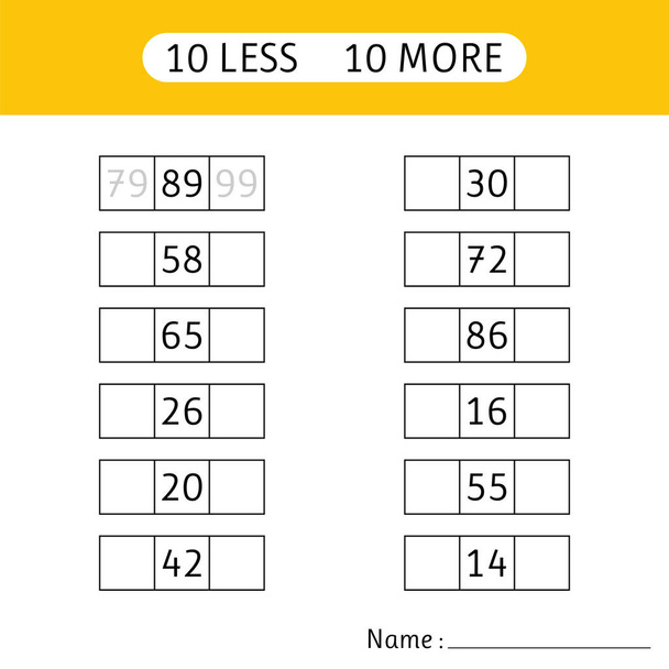 10 less, 10 more. Fill in the missing numbers.  Mathematical exercises. Mathematics. Worksheets for kids. Vector illustration - Vector, Image
