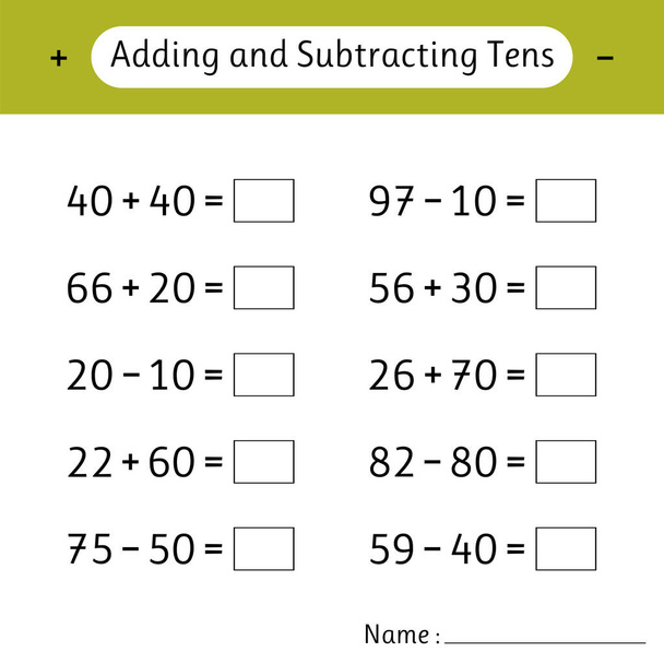 Adding and Subtracting Tens. Math worksheets for kids. School education. Development of logical thinking. Mathematics. Vector illustration - Vector, Imagen