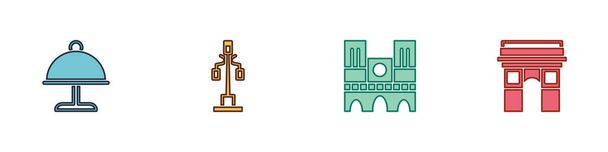 A készlet tálcával, utcai lámpával, Notre Dame és Triumphal Arch ikonnal van borítva. Vektor. - Vektor, kép