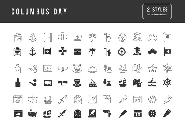 Columbus Day. Collection d'icônes monochromes parfaitement simples pour la conception web, app, et les projets les plus modernes. Pack universel de signes classiques pour la catégorie Vacances. - Vecteur, image