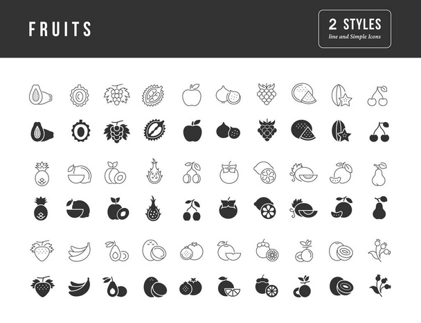 Frutas. Colección de iconos monocromáticos perfectamente simples para el diseño web, la aplicación y los proyectos más modernos. Envase universal de signos clásicos para la categoría Alimentos y bebidas. - Vector, imagen