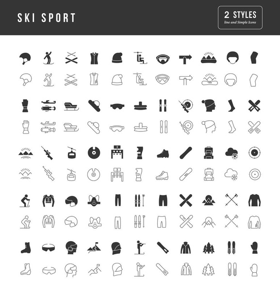 Sport narciarski. Kolekcja doskonale prostych monochromatycznych ikon do projektowania stron internetowych, aplikacji i najnowocześniejszych projektów. Uniwersalny pakiet znaków klasycznych dla kategorii Sport. - Wektor, obraz