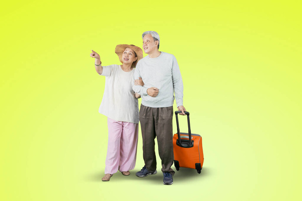 Elderly couple carrying a luggage while pointing something in the studio with green screen background - Φωτογραφία, εικόνα