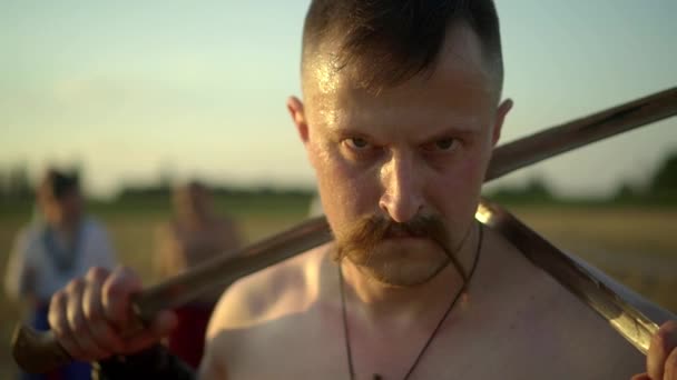 Warriors fearsome gaze. Ukrainian Cossack looks far - Footage, Video