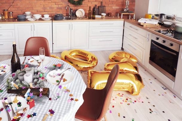 Interior of messy room after New Year party celebration - Fotoğraf, Görsel