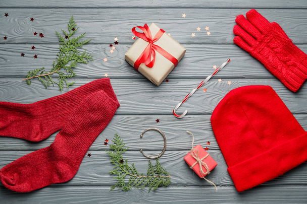 Christmas composition with stylish accessories on wooden background - Valokuva, kuva