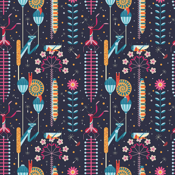 Pattern with Insects and Flowers in Night Garden - Vektör, Görsel