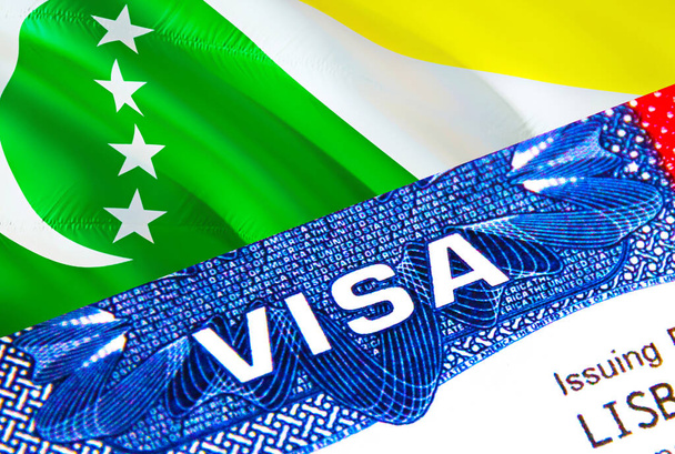 виза comoros в паспорте. США иммиграционная виза для граждан Коморских островов, сосредоточенных на визе на словах. туристическая коморская виза в национальном идентификационном макро, 3d рендеринг. несколько входов в паспорт - Фото, изображение