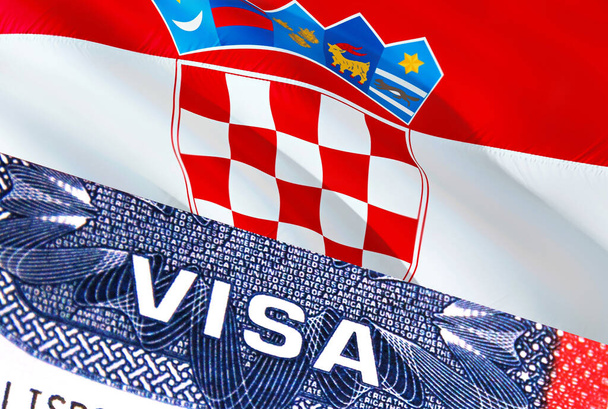 Documento de visto Croácia, com bandeira da Croácia em segundo plano. Bandeira da Croácia com texto de close VISA no selo de visto dos EUA no passaporte, renderização 3D. - Foto, Imagem