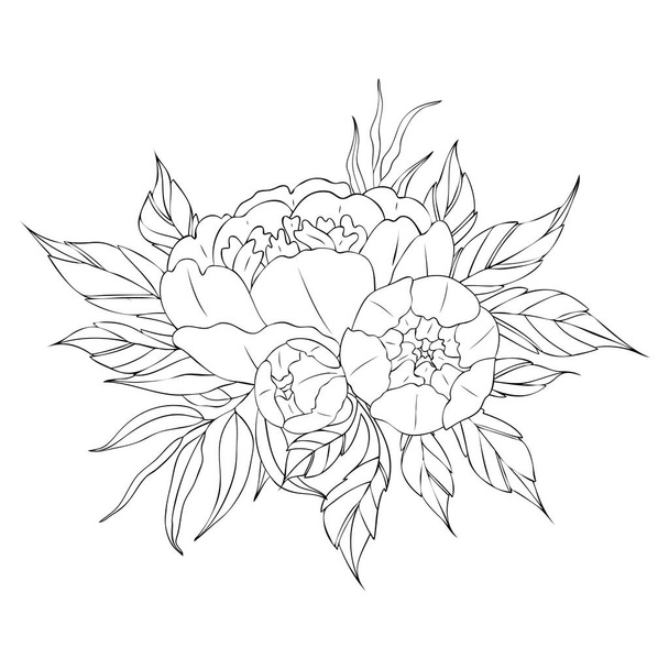 Peony flowers and leaves, tattoo compositions. Black linear illustration isolated on a white background. - Vector, afbeelding
