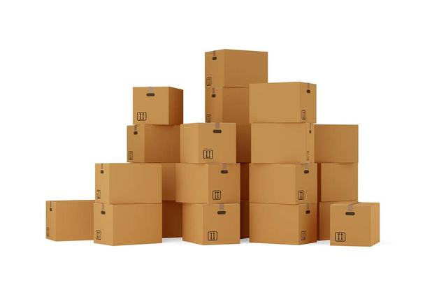 Stack of closed brown cardboard moving storage boxes over white background, moving day concept, 3D illustration - Foto, Bild