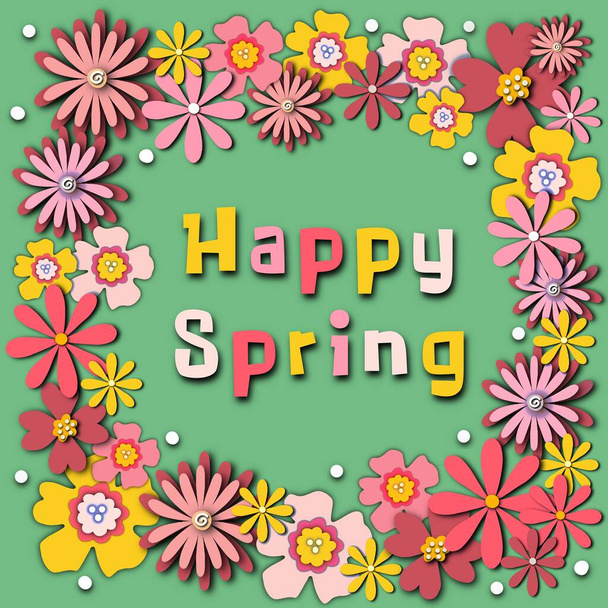 Happy Spring Paper bloemen wenskaart sjabloon. Vierkante achtergrond met papier gesneden bloemen 3D-stijl. Papercutting collage voor het voorjaar, Pasen, social media posts, posters, kaarten. Hoge kwaliteit foto. - Foto, afbeelding