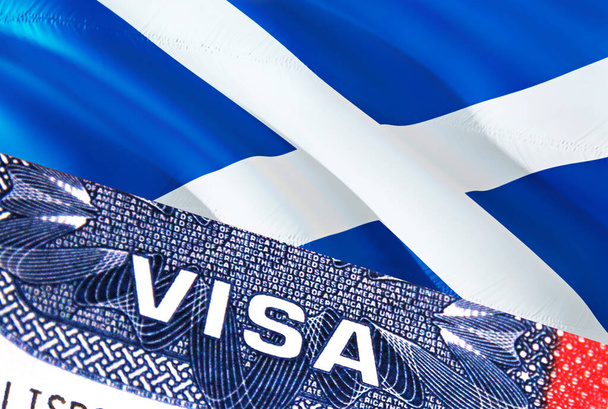 スコットランドビザ文書、スコットランドの国旗を背景に。スコットランドの国旗には、パスポートのビザスタンプ、 3Dレンダリングが含まれています。ビザのパスポートスタンプ旅行スコットランドのビジネス。移民率 - 写真・画像