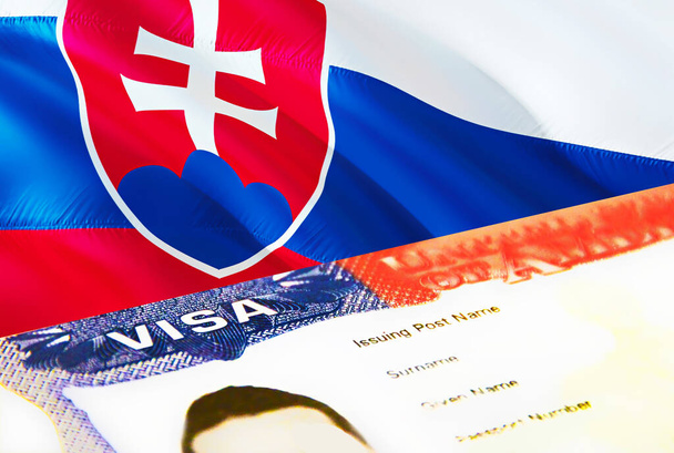 Eslovaquia documento de inmigración de cerca. Visa de pasaporte en la bandera de Eslovaquia. Eslovaquia visa de visitante en el pasaporte, representación 3D. Visa de entrada múltiple de Eslovaquia en pasaporte. Estados Unidos sello emigración Visa documen - Foto, Imagen