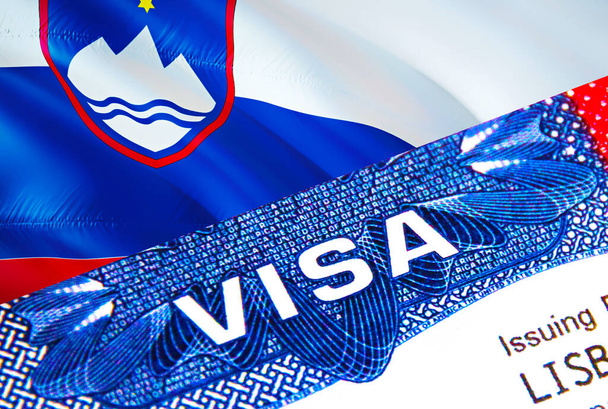 Словенская виза в паспорте. Американская иммиграционная виза для граждан Словении с акцентом на слово VISA. Проезд Словения визы в национальной идентификации крупным планом, 3D рендеринг. Словения multi entrance i - Фото, изображение