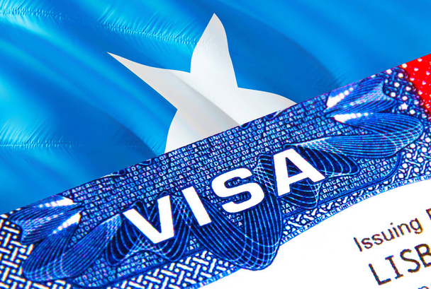 Виза Сомали в паспорте. Американская иммиграционная виза для граждан Сомали с акцентом на слово VISA. Проезд Сомали визы в национальной идентификации крупным планом, 3D рендеринг. Сомали многократный въезд в паспорт - Фото, изображение