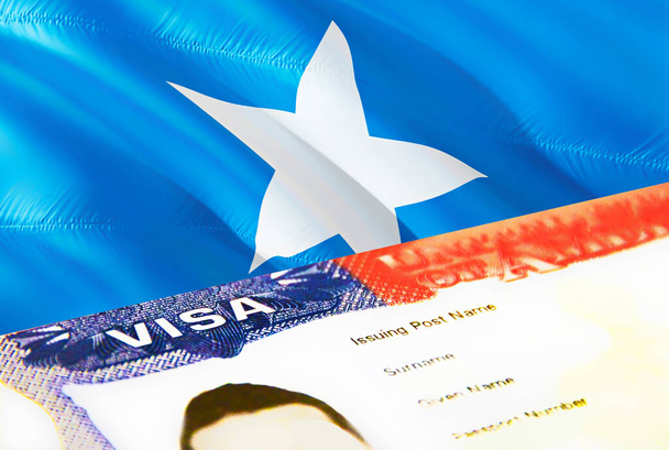 Документ иммиграционной службы Сомали закрыт. Паспортная виза на флаг Сомали. Виза для посетителей Сомали в паспорте, 3D рендеринг. Сомали многократная въездная виза в паспорт. Эмиграция штампов США - Фото, изображение