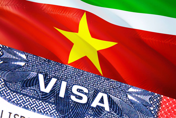 Documento de Visa de Surinam, con bandera de Surinam en segundo plano. Bandera de Surinam con texto de cerca VISA en EE.UU. sello de visa en el pasaporte, representación 3D.Viaje de sello de pasaporte Visa Suriname business.Immigratio - Foto, imagen
