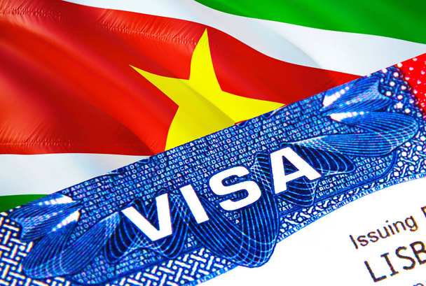 Суринамская виза в паспорте. Иммиграционная виза США для граждан Суринама с акцентом на слово VISA. Туристическая Суринамская виза с национальным идентификатором крупным планом, 3D рендеринг. Суринам многоподъездный i - Фото, изображение
