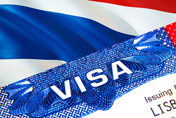Pasaportunda Tayland vizesi var. VISA kelimesine odaklanan Tayland vatandaşları için ABD göçmen vizesi. Tayland vizesini ülke çapında yakın çekim, 3D görüntüleme. Tayland çoklu girişi. - Fotoğraf, Görsel