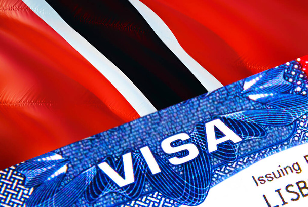 Trinidad ja Tobago viisumi leima passi VISA tekstiä. Passi matkustaa ulkomaille käsite. Matkustaa Trinidad ja Tobago käsite valikoiva keskittyä, 3D renderöinti. Maahanmuutto ja siirtolaisuus - Valokuva, kuva