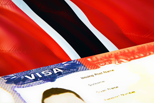 Trinidad ja Tobago maahanmuutto asiakirja lähikuva. Passi viisumi Trinidadin ja Tobagon lipulla. Trinidad ja Tobago kävijä viisumi passi, 3D renderöinti. Trinidad ja Tobago monen maahantulon viisumi i - Valokuva, kuva