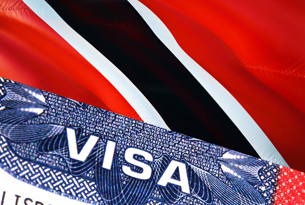 Trinidad and Tobago Visa Document, с флагом Trinidad and Tobago на заднем плане. Флаг Тринидада и Тобаго с закрытым текстом VISA на визе США штамп в паспорте, 3D рендеринг. - Фото, изображение