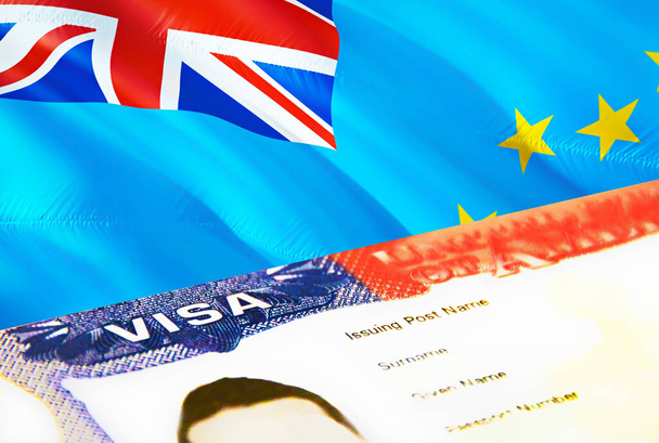 Tuvalu göçmenlik belgesi. Kapatın. Tuvalu bayrağında pasaport vizesi. Tuvalu ziyaretçi vizesi, pasaport, 3 boyutlu. Tuvalu pasaportunda birden fazla giriş vizesi var. ABD damgalı göç vizesi belgesi - Fotoğraf, Görsel