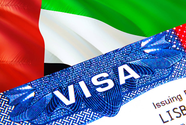 Visa de Emiratos Árabes Unidos en pasaporte. Visa de inmigración de Estados Unidos para ciudadanos de los Emiratos Árabes Unidos centrada en la palabra VISA. Viaje Visado de los Emiratos Árabes Unidos en primer plano de identificación nacional, 3 - Foto, Imagen