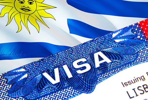 Уругвайская виза в паспорте. Иммиграционная виза США для граждан Уругвая с акцентом на слово VISA. Проезд Уругвай визы в национальной идентификации крупным планом, 3D рендеринг. Многократный въезд в паспорт Уругвая - Фото, изображение