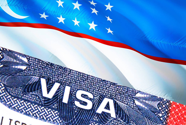 Üzbegisztáni vízum dokumentum, Üzbegisztán zászlóval a háttérben. Üzbegisztán zászló közeli szöveggel VISA az USA-ról vízumbélyegző útlevélben, 3D látvány.Vízum útlevél bélyegző utazás Üzbegisztán üzlet - Fotó, kép