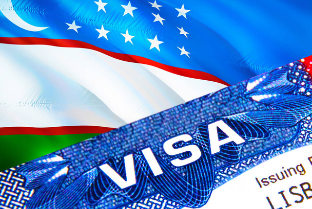 Üzbegisztáni vízumbélyegző az útlevélben VISA szöveggel. útlevél utazás külföldre koncepció. Utazás Üzbegisztánba koncepció - szelektív fókusz, 3D renderelés. Bevándorlási és kivándorlási koncepció. Üzbegisztán szemben - Fotó, kép