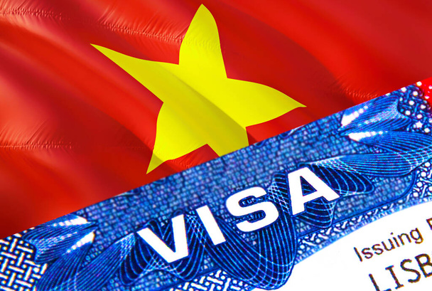Znaczek wizowy do Wietnamu w paszporcie z tekstem VISA. Paszport podróżujący za granicę koncepcja. Podróż do koncepcji Wietnamu - selektywne skupienie, renderowanie 3D. Koncepcja imigracji i emigracji. Wiza do Wietnamu - Zdjęcie, obraz