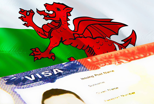 Иммиграционный документ Уэльса закрыт. Паспортная виза на флаг Уэльса. Виза для посетителей из Уэльса в паспорте, 3D рендеринг. Многократная виза Уэльса в паспорт. Эмиграция штампов США визовый документ и пароль - Фото, изображение