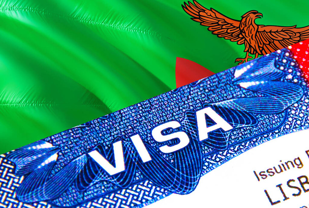 Замбийская виза в паспорте. Иммиграционная виза США для граждан Замбии с акцентом на слово VISA. Туристическая виза Замбии с национальным идентификатором крупным планом, 3D рендеринг. Замбия многократный вход в паспорт. США - Фото, изображение