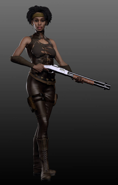 Urban Fantasy or Dystopian POC Woman with Shotgun - Photo, Image