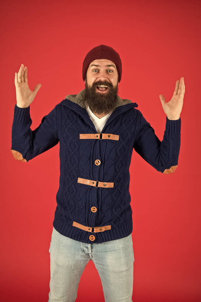 Good time. male winter fashion. take care of beard hair in cold weather. autumn and winter collection. brutal hipster in hat. happy bearded man in knitted jacket. you need to dress warmly - 写真・画像