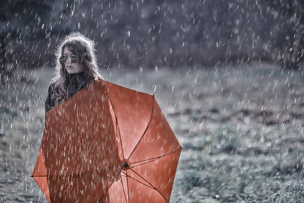 seasonal autumn portrait, sad girl with umbrella, november seasonal virus immunity on a walk - Zdjęcie, obraz